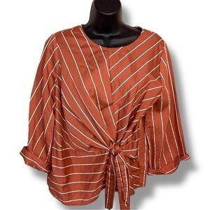 Medium Sweet Claire Salmon Mauve White Striped Top 3/4 Sleeve Textured